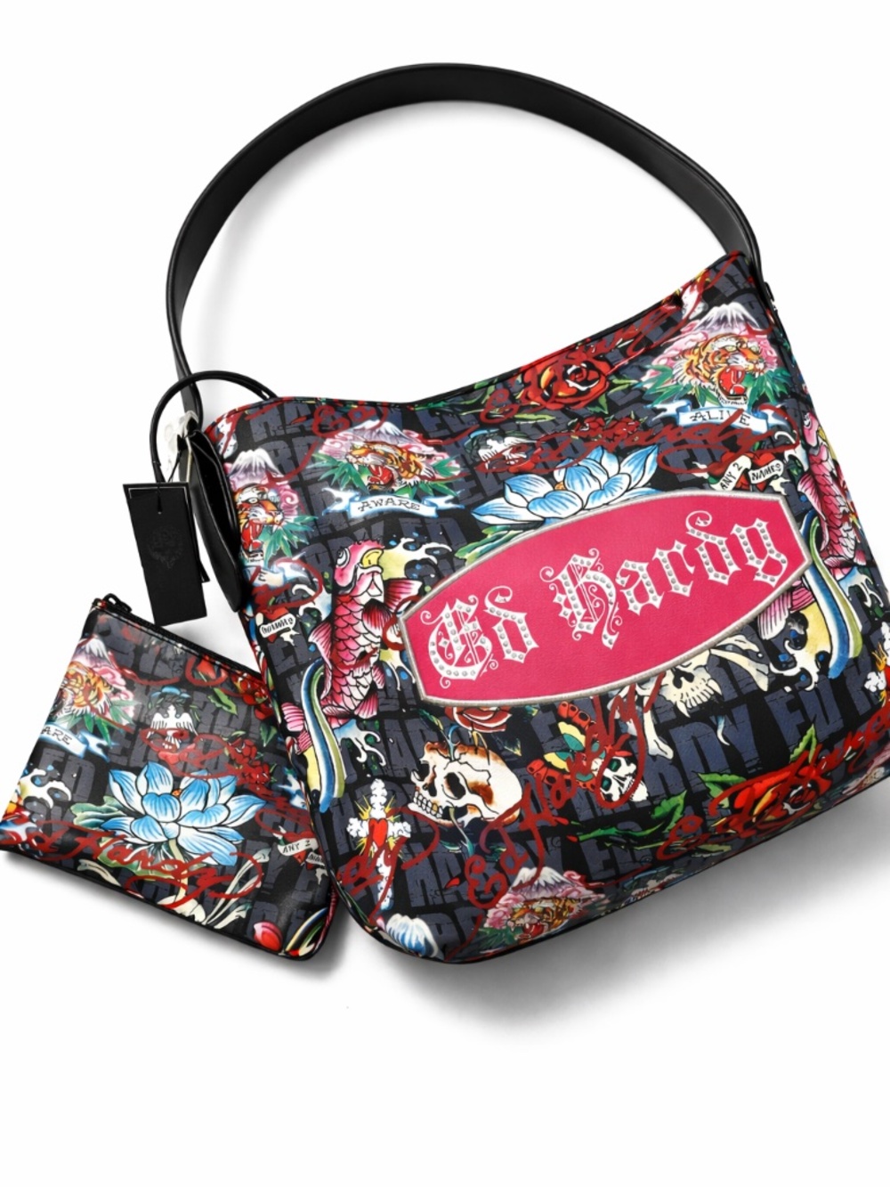 NWT Ed Hardy Tattoo Print Shoulder Bag with Matching Wristlet Black Multicolor